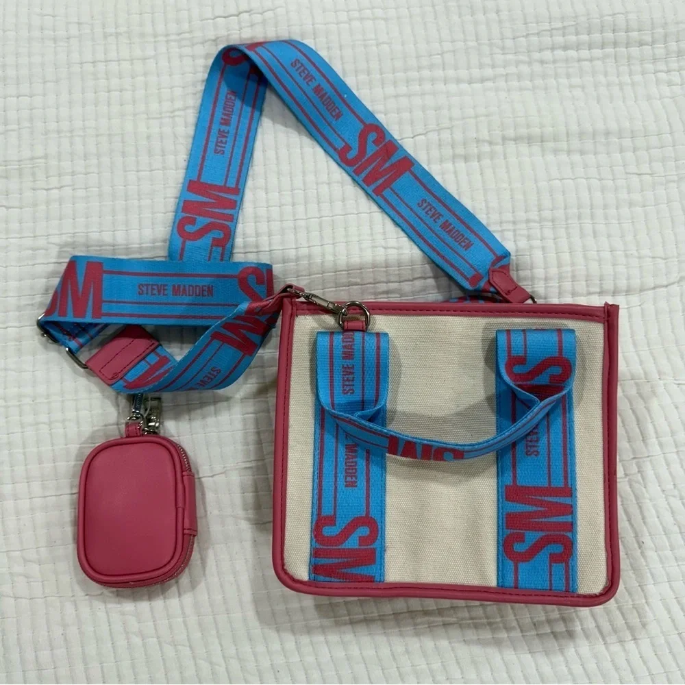 Steve Madden Bwebber Blue Multi Canvas Crossbody Tote Shoulder Bag Viral TikTok